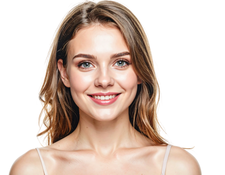 A close-up shot of a fair-skinned woman with long, wavy blonde hair and a bright smile. She faces the viewer