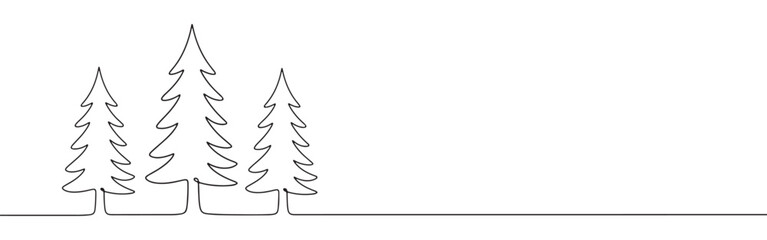 A continuous line art depiction of three pine trees of varying heights, representing a forest or natural woodland scene, isolated on a white background.