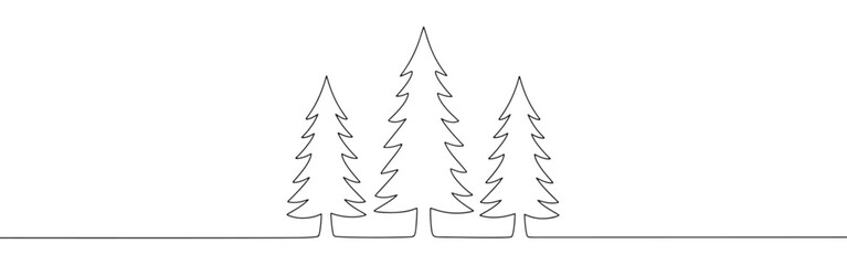 Obraz premium A continuous line art depiction of three pine trees of varying heights, representing a forest or natural woodland scene, isolated on a white background.