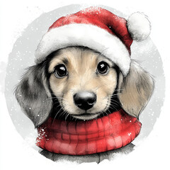 Cute Dachshund Dog Puppy in Christmas Santa Hat. Adorable Circle Ornament Illustration for Christmas Decoration.