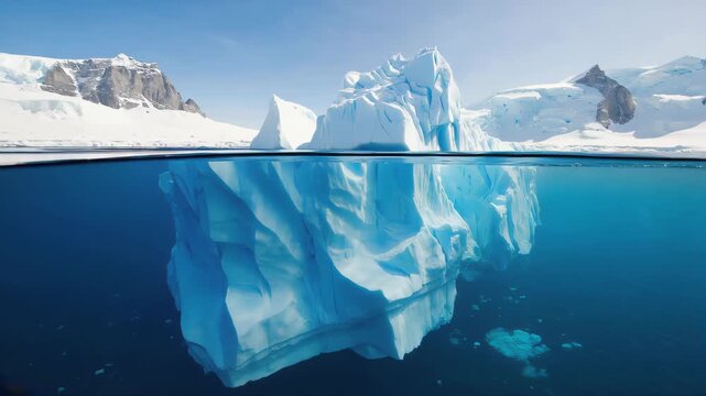 Majestic iceberg floating in the ocean, above and below water view, towering ice peak with massive hidden base underwater, crystal clear blue sea, arctic landscape with distant snowy mountains