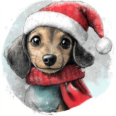 Cute Dachshund Dog Puppy in Christmas Santa Hat. Adorable Circle Ornament Illustration for Christmas Decoration.