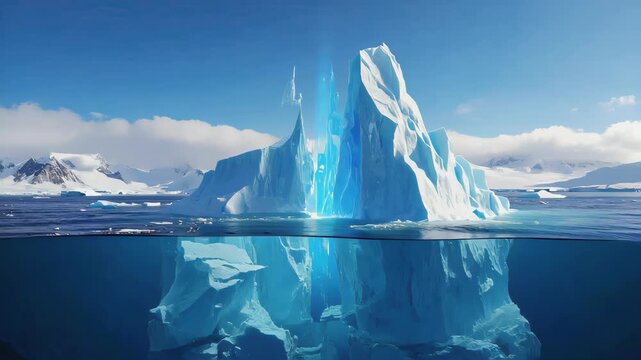 Majestic iceberg floating in the ocean, above and below water view, towering ice peak with massive hidden base underwater, crystal clear blue sea, arctic landscape with distant snowy mountains
