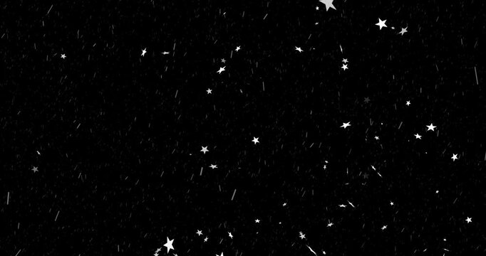 Sequence opening showing white star shapes and streaks drifting as shimmering deep-space snow scene