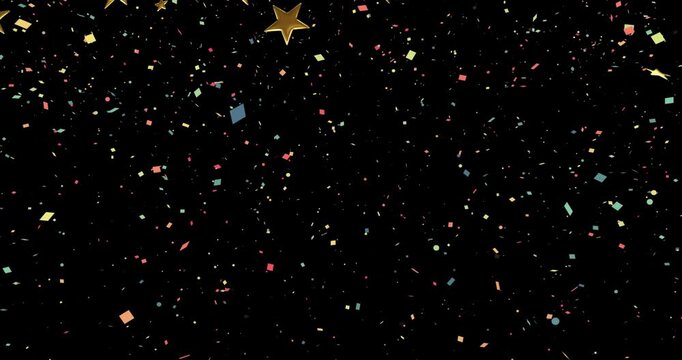 Golden stars and colored confetti appearing at start rotating downward filling frame for festivity