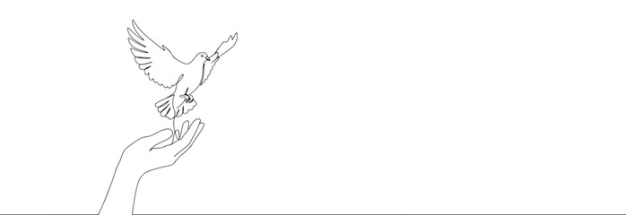 Fototapeta premium A continuous line art depiction of a dove gracefully ascending from an open human hand, symbolizing peace, freedom, and hope, isolated on a white background.