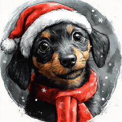 Cute Dachshund Dog Puppy in Christmas Santa Hat. Adorable Circle Ornament Illustration for Christmas Decoration.