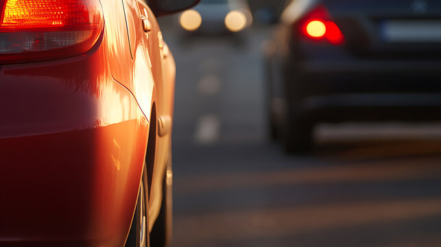 A close-up photo of a red car on a busy road at sunset, with blurred cars in the background, captures urban commuting in warm lighting. Road trip vibes and travel. - Powered by Adobe