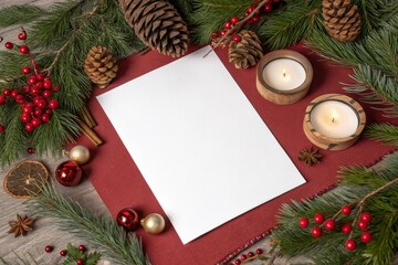 Mockup White paper card centered on deep red background with festive Christmas elements: evergreen branches, candles, pinecones, baubles, and red berries. Ideal for holiday stationery, greeting cards