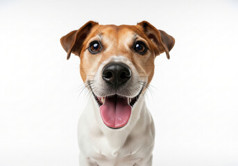 Happy Jack Russell Terrier with a big smile and tongue hanging out against a white studio background.