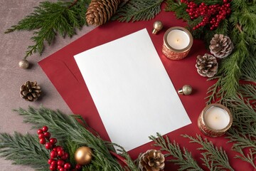 Mockup White paper card centered on deep red background with festive Christmas elements: evergreen branches, candles, pinecones, baubles, and red berries. Ideal for holiday stationery, greeting cards