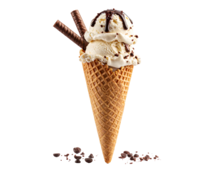 A close-up shot of a vanilla ice cream cone, with chocolate drizzle, wafer sticks, and chocolate chips