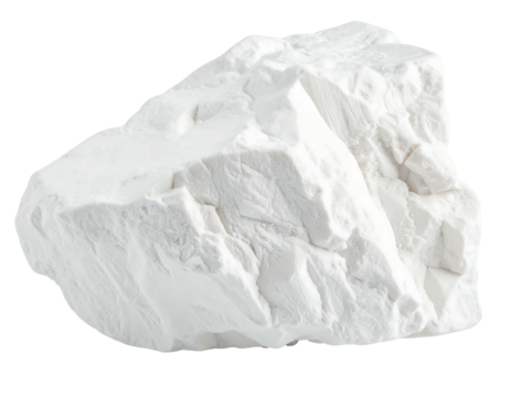 A close-up studio shot of a chunk of off-white, crystalline material with irregular, fractured surfaces. The edges are sharp