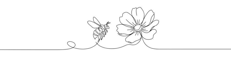 A continuous line art depiction of a busy bee flying towards a blooming flower, illustrating the natural process of pollination and ecosystem, isolated on a white background.	