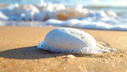A solitary white seashell rests on a sandy beach with gentle ocean waves washing ashore under bright sunlight creating dramatic shadows and highlights on the wet sand and shell.