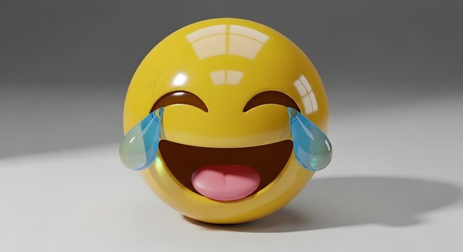 A 3D rendering of a laughing emoji with tears of joy streaming from its eyes.