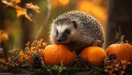 A hedgehog perched on pumpkins in a forest setting, surrounded by autumn foliage.