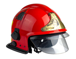 Fototapeta premium A close-up studio shot shows a firefighter's red helmet with a visor and gold-colored brim. The helmet is isolated