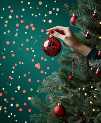 Festive moment of decorating a Christmas tree with a red ornament against a green background. Holiday spirit captured with sparkling bokeh lights, warmth, and seasonal joy in elegant composition.