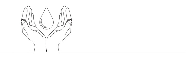 A continuous line art depiction of two hands tenderly cupping a large water droplet, representing water conservation, purity, and environmental care, isolated on a white background.	
