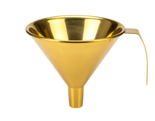 A close-up shot of a golden-colored funnel. It has a wide top opening, a narrow spout at the bottom, and a handle for easy use