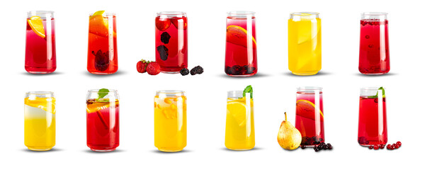 A selection of cold summer drinks, isolated on a transparent background. Natural and organic lemonades, rich in vitamins. PNG