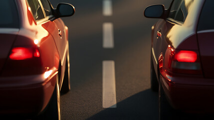 A closeup captures two red cars parked on a paved road, separated by a solid white line. The focus is on their rear lights and smooth, reflective surfaces, bathed in golden hour light.