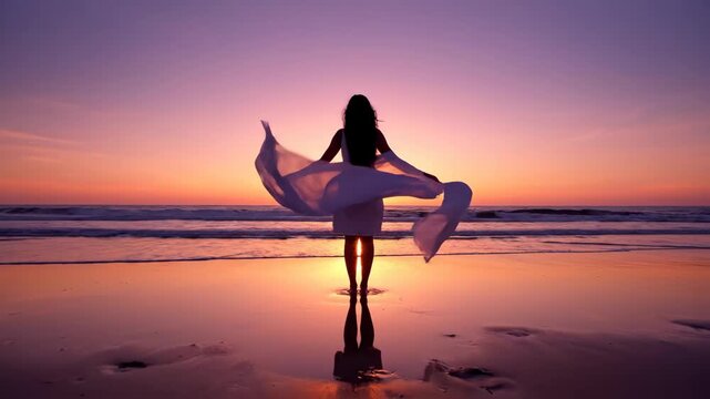 Silhouette of a woman with flowing fabric on a beach at sunset reflecting in the water.