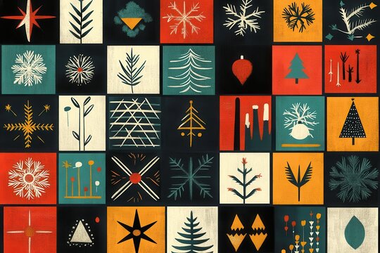 Artistic Christmas pattern featuring various festive symbols in a collection of colorful squares