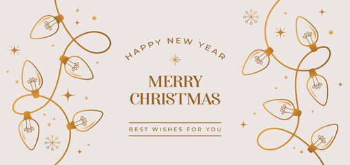 Christmas background with golden Christmas lights. Happy New Year 2026 and Merry Christmas card, banner and poster design.