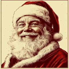 Vintage-style vector portrait of Santa Claus with traditional red suit, white beard, and warm smile. Retro line art illustration perfect for holiday greeting cards, festive marketing, Christmas