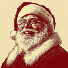 Happy Santa Claus vintage vector with falling snowflakes on red background. Retro festive illustration featuring warm smile and traditional holiday aesthetic. Ideal for Christmas marketing, seasonal 