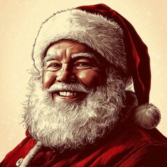 Vintage-style vector portrait of Santa Claus with traditional red suit, white beard, and warm smile. Retro line art illustration perfect for holiday greeting cards, festive marketing, Christmas
