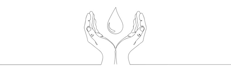 A continuous line art depiction of two hands tenderly cupping a large water droplet, representing water conservation, purity, and environmental care, isolated on a white background.