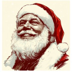 Happy Santa Claus vintage vector with falling snowflakes on red background. Retro festive illustration featuring warm smile and traditional holiday aesthetic. Ideal for Christmas marketing, seasonal 