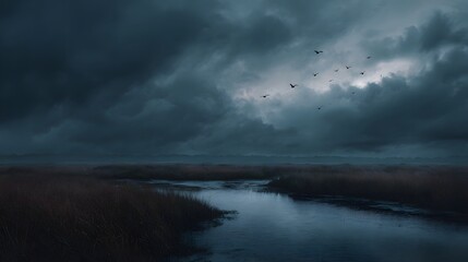 A flock of birds flies across a dramatic stormy sky over a dark misty marshland at twilight