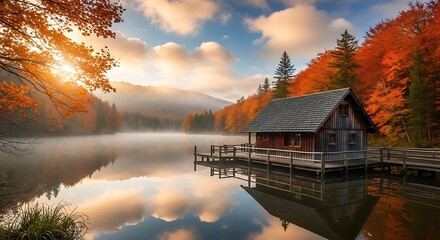 Fototapeta premium Sunlit Autumn Lake with Wooden Boathouse and Fiery Orange Foliage Reflected in Misty Water fall