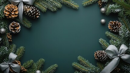 Green Background with Pine Cones and Silver Ribbon Christmas Design, Top View Festive Banner for Holiday Marketing and Graphic Design