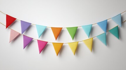 colorful triangle bunting flags arranged on a string against a modern and white background for celebrations and parties