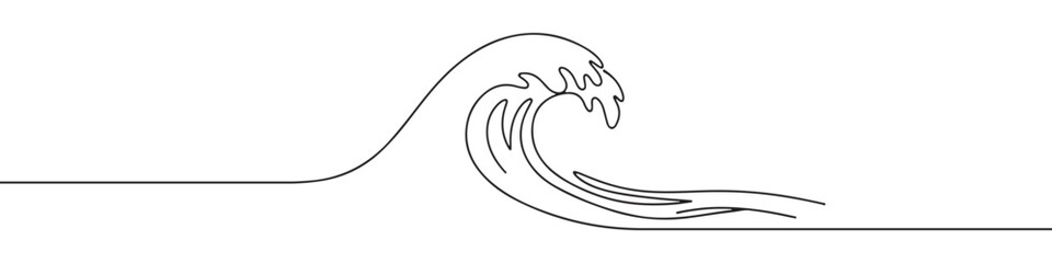 A continuous line art depiction of a powerful wave cresting, evoking the dynamics of the ocean and marine environments, isolated on a white background.	