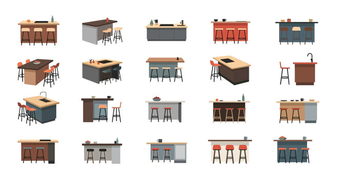 Collection of kitchen islands and bar stools with various accessories.