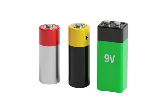 Assorted Batteries in Close Up Isolated on Transparent Background