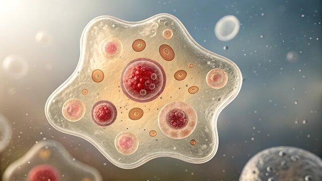 Microscopic view of an amoeba with internal structures and surrounding cells protozoa microorganism