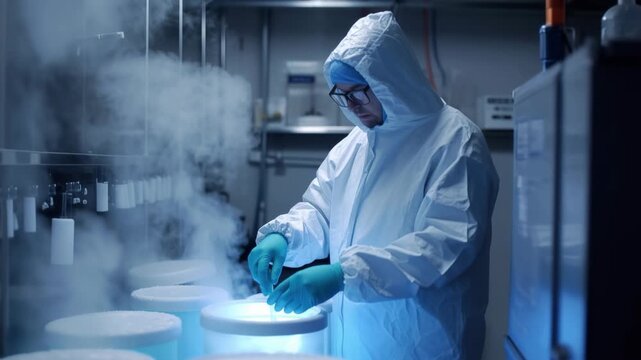 Person puts a frozen test tube with egg donation in Liquid Nitrogen cryo storage in ivf lab, concept of sperm cryopreservation and cryogenics