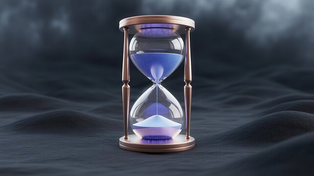 Hourglass with blue sand against a dark stormy background