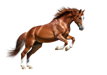 A horse captured in mid-air, leaping and reaching, isolated on white or transparent background. PNG