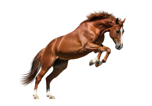 A horse captured in mid-air, leaping and reaching, isolated on white or transparent background. PNG