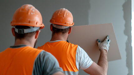 Two construction workers in orange safety vests and hard hats install drywall during home renovation. Focus on safe work practices and craftsmanship in building interior walls.