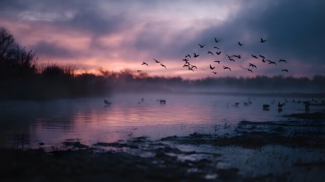 A flock of birds soars across a dramatic purple and pink sky over a misty lake at dusk evoking a sense of wild tranquility - Powered by Adobe
