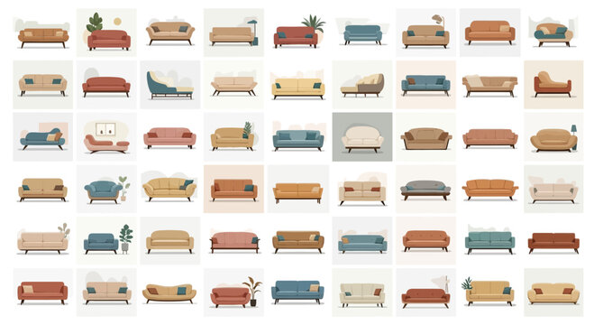 Collection of diverse sofas and armchairs in various styles and colors.